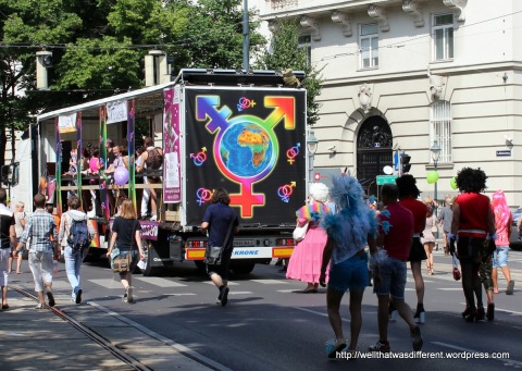 Back of a rainbow party truck.